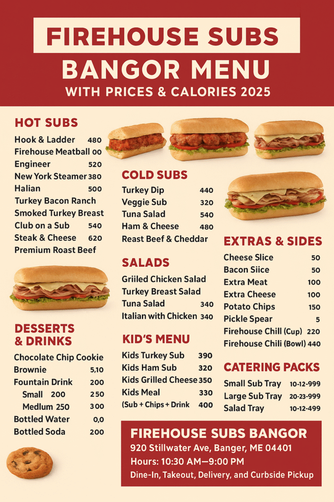 Updated Firehouse Subs Bangor menu 2025 showing hot and cold subs, salads, desserts, catering packs, prices, and calories with restaurant hours and services in Maine.
