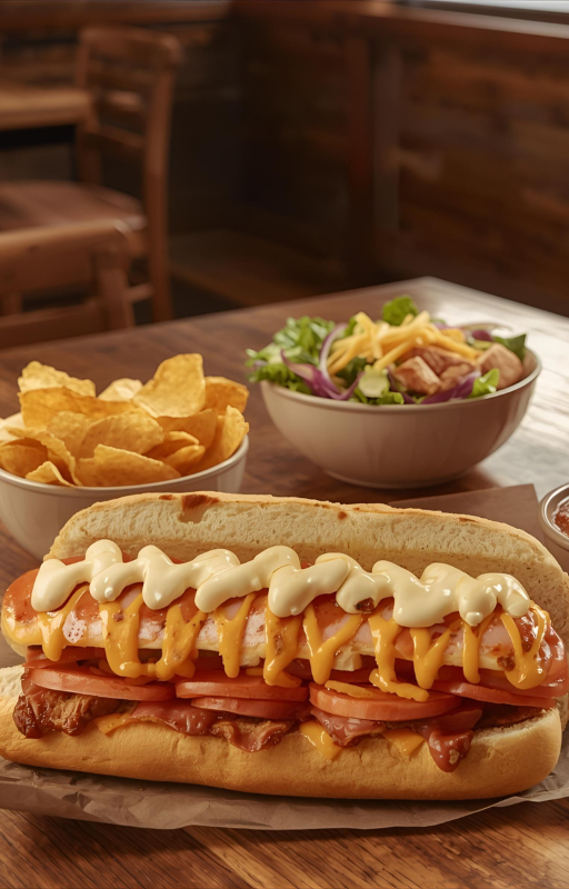 “Firehouse Subs Owasso menu featuring Hook & Ladder sub, chili, fresh salad, and drink on wooden table”