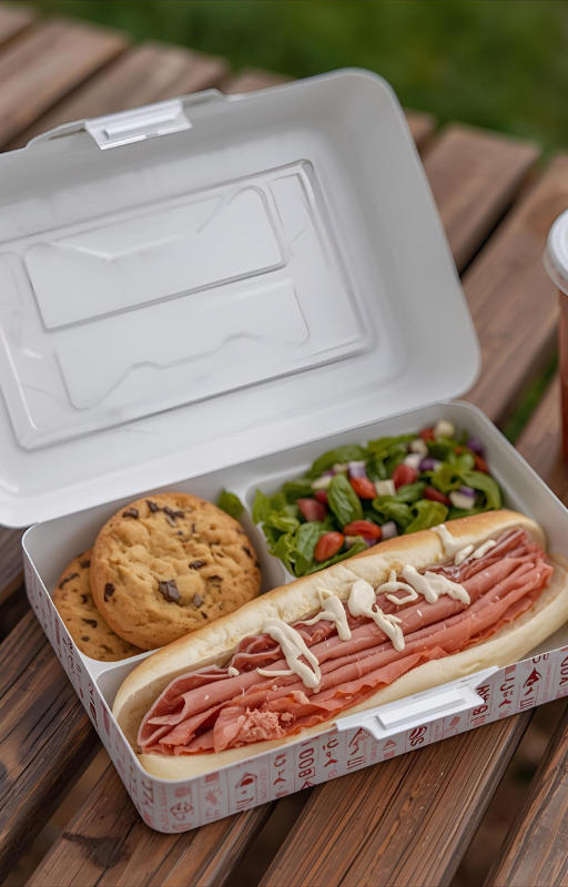 Firehouse Subs lunch menu box with sub, chips, salad, and dessert.